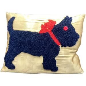 Vintage Hooked Wool Pillow Scottie Dog cream blue Velvet Holiday Decorative